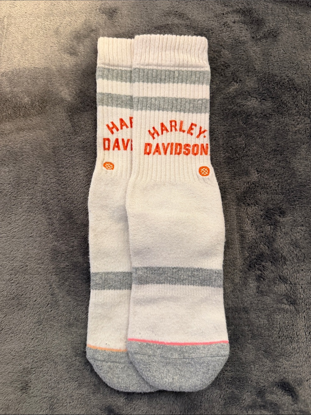 STANCE Harley-Davidson White Gray Crew Socks with Orange Logo
